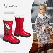 斯纳菲冬季女童靴子加厚棉靴中筒靴，加绒雪地靴大棉红色真皮长靴黑