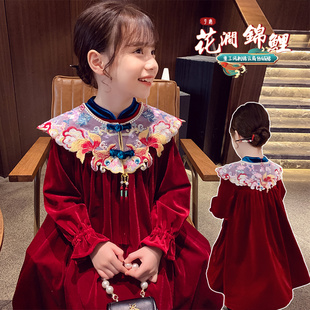 女童加绒连衣裙冬装2024洋气儿童红色丝绒裙女孩中国风拜年服