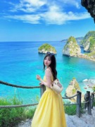 马尔代夫三亚旅游穿搭拍照衣服海边度假沙滩裙黄色吊带连衣裙夏季