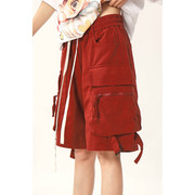 红色美式休闲工装短裤女夏季运动篮球跑步宽松潮纯棉五分裤子