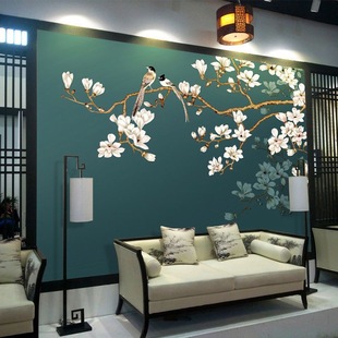 定制壁画8d新中式玉兰花鸟壁纸，画客厅电视背景墙，卧室璧布沙发墙布