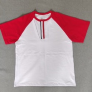 夏季男女同款纯棉休闲上衣，短袖大红色拼接白色插肩袖上衣t恤