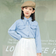 女童蓝色牛仔衬衫荷叶边刺绣韩版上衣2021长袖洋气衬衣秋装潮