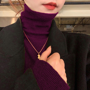 高领羊绒打底衫女春秋内搭紫色毛衣2023洋气修身堆堆领针织衫