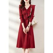 solenelara优雅高级感针织裙子，今年流行名媛气质，打底长裙红色连衣