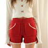 cloudseason拼色高腰针织，裤短裤红色，小个子休闲2024春季裤子