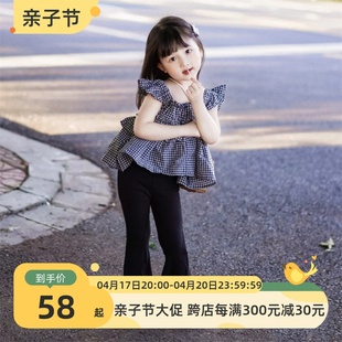 韩系童装定制24夏季新女童时尚千鸟格娃娃衫可爱飞袖衬衫短袖上衣