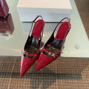 d家红色漆皮高跟鞋2023夏季气质名媛包头后空细跟后带凉鞋女
