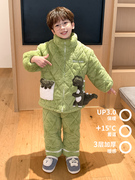 男童冬季珊瑚加厚夹棉套装恐龙三层夹棉睡衣儿童法兰绒加绒家居服