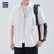 hansca白色短袖衬衫男宽松纯棉夏季潮牌时尚条纹休闲衬衣外套