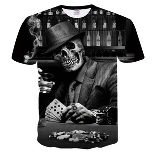 193d扑克牌骷髅头数码印花短袖，情侣t恤男装，夏季t恤