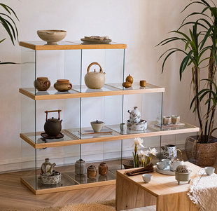掬涵创意组合实木玻璃柜，展示柜多宝格子架，茶具置物架中式收纳陈列