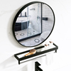 打孔化妆浴室镜子带置物架毛巾杆壁挂厕所镜子卫生间圆镜黑色