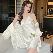 纯欲奶白冰丝吊带短裙睡裙法式甜美蕾丝晨袍高级睡袍丝绸睡衣套装