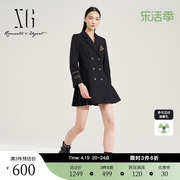 XG雪歌双排扣黑色长袖连衣裙2023秋季贴布设计中长款西装裙女
