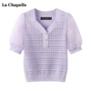 拉夏贝尔/La Chapelle镂空蕾丝拼接针织衫女夏泡泡袖V领上衣