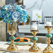 简约欧式北欧轻奢金色蜡烛台家居，客厅玄关餐桌，冰裂蓝陶瓷创意烛台