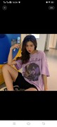 韩风字母印花短袖紫色，t恤女夏季宽松纯棉中长款设计感上衣潮