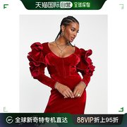 香港直邮潮奢 ASOS 女士设计夸张袖天鹅绒束腰迷你酒红色连衣裙
