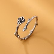 纯银荆棘玫瑰戒指复古指环女小众设计个性开口可调节食指戒送女友