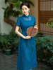 平时穿的旗袍2024年显瘦长款，蓝色高级感裙子复古中年妈妈春夏
