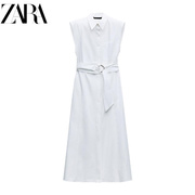 ZA 24白色修身翻领无袖贴袋腰带长版府绸连衣裙 2939332 250