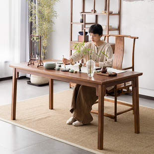 新中式书桌全实木办公桌一字桌小户型老榆木禅意书画桌子书房家具