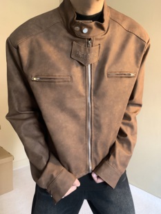 美式复古休闲做旧棕色，机车皮衣外套，男小众设计感短款垫肩立领夹克