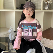 女童粉红色条纹卫衣亲子装春秋季Y8韩版宝宝母女装假两件T恤长袖
