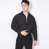 川泽男士黑色宽松休闲衬衫，纯色格纹日常衬衣，韩版时尚青年长袖上衣