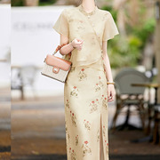 2023新中式套装女夏国风印花旗袍高端气质性感包臀裙子两件套
