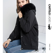 鳄鱼黑色毛领棉服，女短款棉衣冬季设计感宽松加厚保暖夹克外套