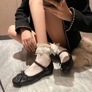 西喜自制小香风芭蕾舞鞋女复古小众，设计褶皱小猫跟蝴蝶结玛丽珍鞋