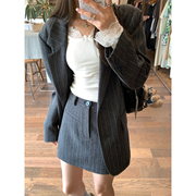 sieyiu灰色竖条纹植绒西装套装高级感宽松西服短裙阔腿长裤两件套