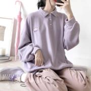 紫色polo领衬衫女秋冬软妹上衣日系长袖t恤可爱打底内搭卫衣