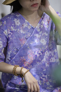 棉麻女装夏季中式衬衫女中国风v领中长款苎麻紫色印花薄上衣长衫