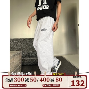 404mob美式复古刺绣设计夏季浅花灰色宽松阔腿直筒，休闲卫裤运动裤