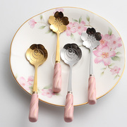 日韩陶瓷柄花朵，咖啡勺子不锈钢搅拌勺陶瓷，手柄防滑小勺