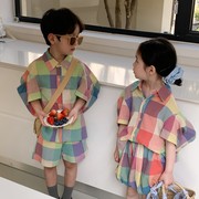 韩版男女童彩色格子套装夏季儿童姐弟装洋气短袖短裤两件套兄妹装