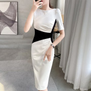女神范白色(范白色)修身职业连衣裙女夏2024气质黑白拼接高级感包臀裙