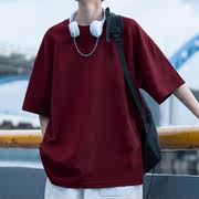 美式潮牌纯色圆领重磅纯棉短袖T恤男夏季基础款酒红色打底衫上衣