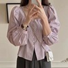 法式甜美褶皱方领小衫上衣女设计感小众单排扣超仙紫色泡泡袖衬衫