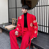 春季中国红新年战袍红色西服套装男重工刺绣卷云纹设计感阔腿长裤