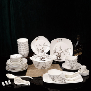 景德镇陶瓷 56头方形报春骨质瓷 碗盘餐具套装 定制瓷