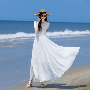 波西米亚长裙沙滩，飘逸气质显瘦2022女夏季大摆雪纺白色连衣裙