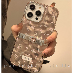 poopookai高级感粉色碎花水钻爱心适用iphone15promax苹果13手机壳12褶皱11日韩14pro个性13promax少女保护套