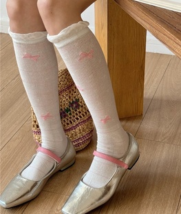 东大门春夏薄款女袜网红卡通蝴蝶结堆堆袜条纹微透透气小腿泡泡袜