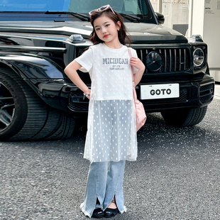 女童短袖T恤夏季时尚韩版字母T恤拼接假两件蕾丝裙中长款上衣