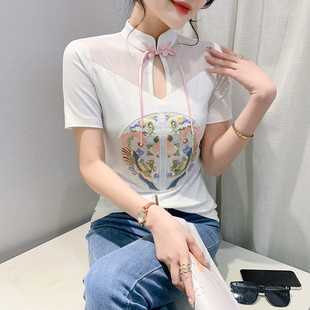 欧货时尚刺绣T恤女短袖夏装设计感盘扣镂空上衣洋气百搭性感小衫