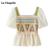 拉夏贝尔/La Chapelle法式镂空方领衬衫女夏小个子泡泡袖小衫上衣